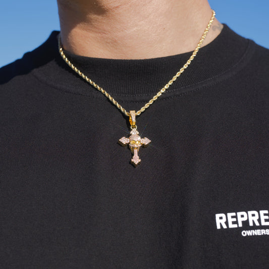 Iced Skull Cross Pendant - Gold