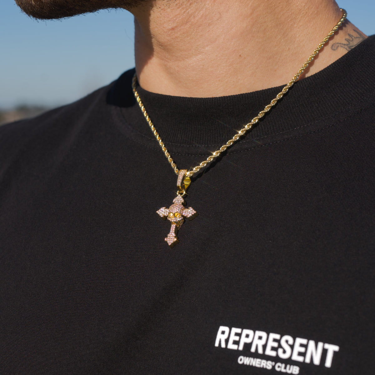 Iced Skull Cross Pendant - Gold