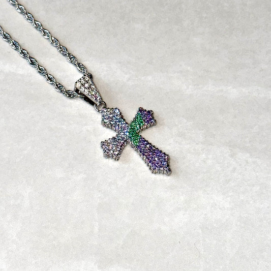 Iced Colour Cross Pendant - Purple